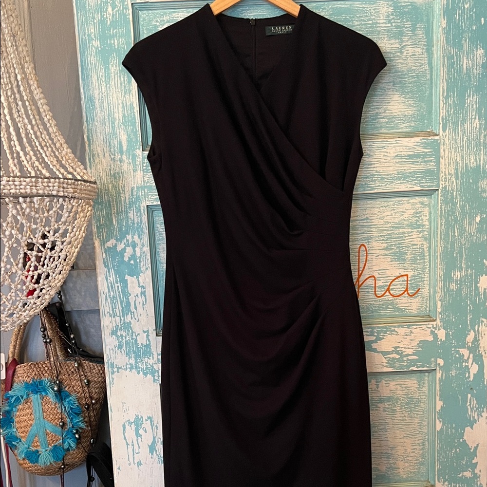 Designer Ralph Lauren classic Black Draped Midi Dress medium Carolyn Bessette!